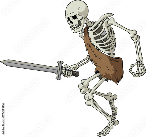Cartoon skeleton warrior holding sword, fantasy undead soldier character in tattered cloth, spooky Halloween monster illustration for game design