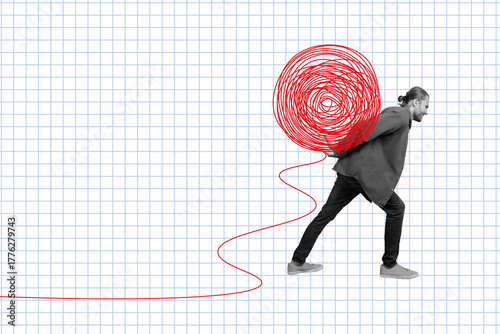 Bild auf Leinwand Creative drawing collage picture of young man tired overworked carry weight nega