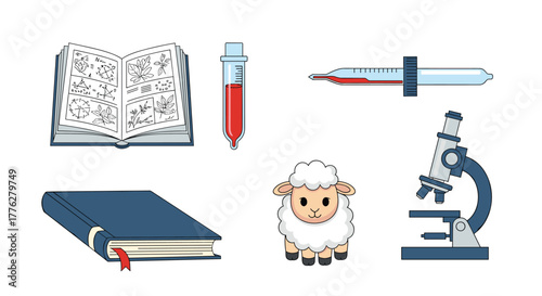 Collection of science and biology research icons, including books, a microscope, a test tube with blood, and a cloned sheep.