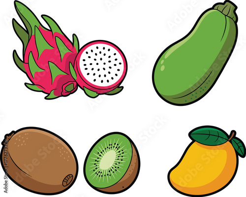 Colorful cartoon illustration of dragon fruit, zucchini, kiwi and mango, tropical fresh fruits collection for healthy food and nutrition design