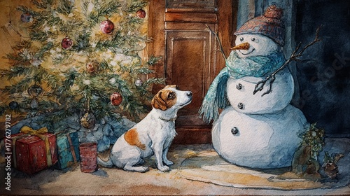 A fairy tale friendship between a snowman and a cute puppy