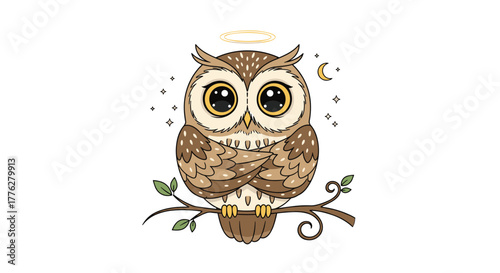 Adorable cartoon angel owl with a golden halo and crossed wings, perched on a branch under a starry night sky illustration.