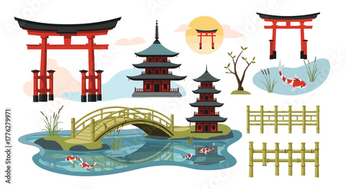 Collection of traditional Japanese garden and temple elements, including a pagoda, torii gate, bridge, and koi fish pond.