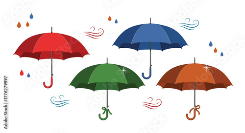 Set of four colorful umbrellas in red, green, blue, and brown, surrounded by stylized wind gusts and raindrops illustration.