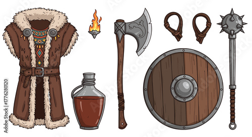 Collection of historical Viking warrior equipment, including a fur vest, battle axe, shield, mace, and a potion bottle.