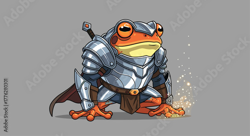 Mighty frog warrior character dressed in full metal plate armor with a sword on its back, ready for a fantasy battle.