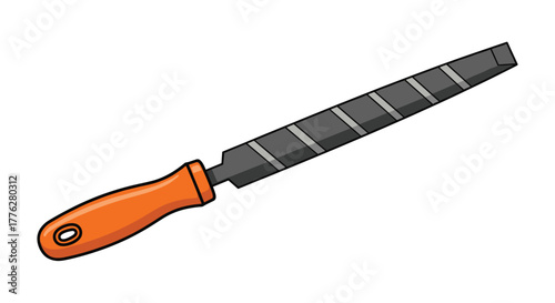 Simple cartoon illustration of a metal hand file tool with a comfortable orange plastic handle, isolated on a white background.