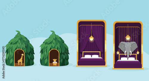 Whimsical concept of luxury pet beds for wild animals, including a leafy hut for a giraffe and a canopy bed for an elephant.