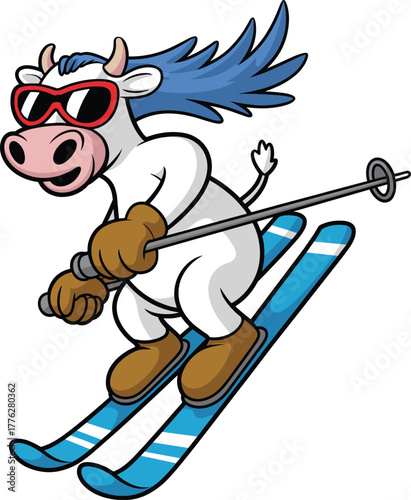 Funny cartoon cow skiing downhill with blue hair and sunglasses, winter sports animal mascot illustration in snow mountain adventure style