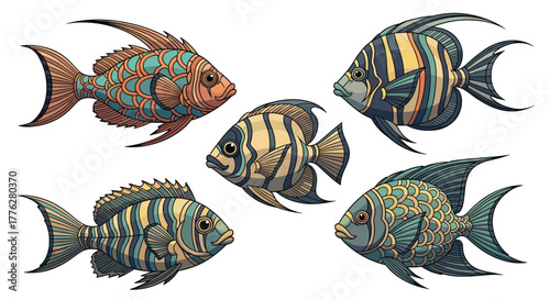 Beautiful collection of five colorful ornamental fish with intricate patterns and detailed fins, perfect for aquarium enthusiasts.