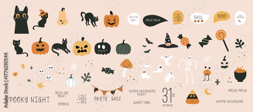  Set of Halloween illustration images Design elements for Halloween celebrations, witch hats, cats, pumpkins, skeletons and much more