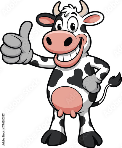 Happy cartoon cow giving thumbs up, cheerful dairy farm animal mascot illustration with black and white spots, funny smiling character