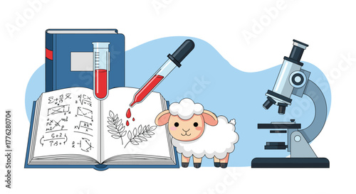Science and genetic research concept featuring a cloned sheep, microscope, books, and laboratory equipment like a pipette.