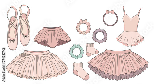 Complete set of adorable pink ballet dancer accessories, including pointe shoes, tutus, leotards, socks, and hair scrunchies.