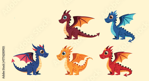 Set of five cute and colorful cartoon baby dragons in various poses, each with unique wings and expressions for fantasy tales.