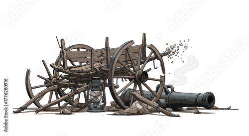Photos Pixel art illustration of a battle aftermath scene with a broken wooden cart, a discarded cannon, and a lantern among the rubble