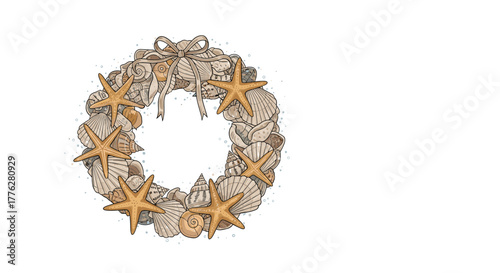 Beautifully detailed nautical wreath crafted from a variety of seashells and decorated with orange starfish and a delicate ribbon bow.