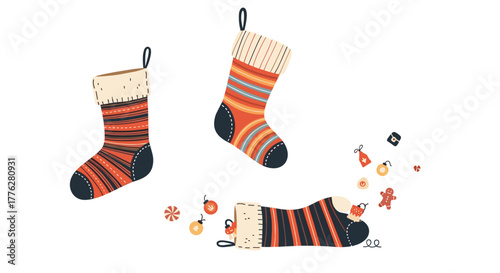 Festive collection of three colorful striped Christmas stockings with one spilling out holiday treats like gingerbread men and ornaments.