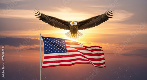 bald eagle flying over american flag at sunset - patriotic symbol