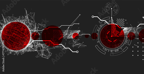 Technological art. Combination of sphere with technological lines and circles in one illustration. Vector.