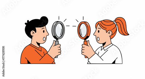 Surprised Characters Looking Through Magnifying Glass – Flat Vector Illustration of Observation and Curiosity