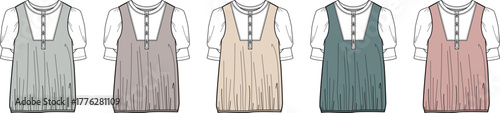 Fashion design technical illustration set showing a layered look with a ribbed knit vest over a henley top. Apparel flat sketch template in five color options