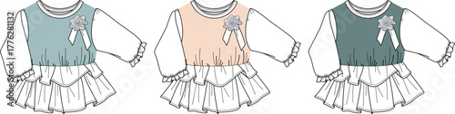 Children's ruffled long-sleeved shirts with decorative flower accents available in multiple colors and styles