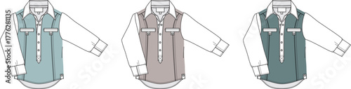 Vector illustration set of a men's casual long sleeve popover shirt technical drawing. Fashion design flat sketch template collection with color block options for apparel