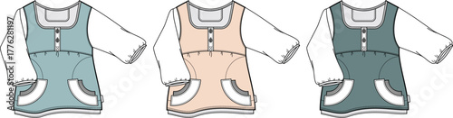 Children's clothing items three distinct tops for kids with various colors and pocket designs