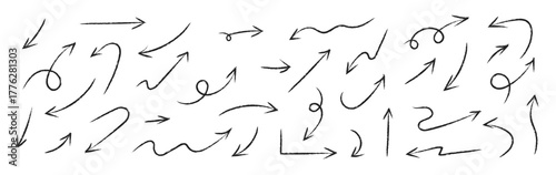 Arrow drawn hand vector line icon set. Hand drawn brush chalk stroke arrow curve, thin pencil scribble shape with vintage charcoal crayon texture. Doodle up down arrow symbol. Vector illustration