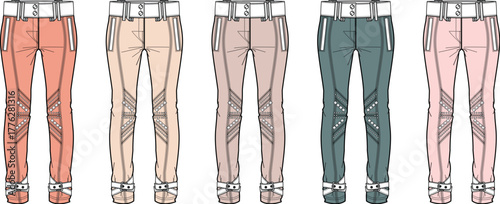 Vector Set of Fashionable Women's Trousers with Knee Detail in Various Color Options