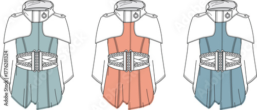 Concept illustration of a stylish futuristic cloak design featuring a wide belt, presented in multiple color variations for fashion and apparel inspiration