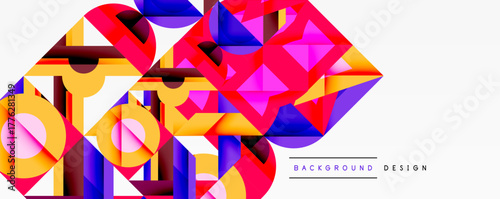 Abstract geometric shapes overlap, creating vibrant colorful composition. Modern design elements suggest dynamic visual experience.