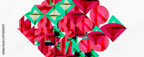 Abstract geometric composition. Pink, teal shapes interlock, creating complex visual texture. Modern design, vibrant colors, sharp angles.