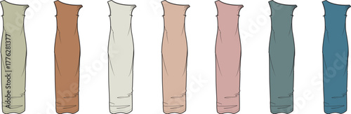 Fashion illustration of a collection of sleeveless long dresses in a diverse color palette. Set of stylish women's apparel concepts in a row
