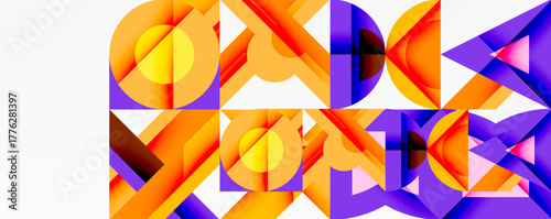 Abstract geometric pattern. Orange, purple hues dominate design. Shapes interlock, creating dynamic visual texture. Modern aesthetic.