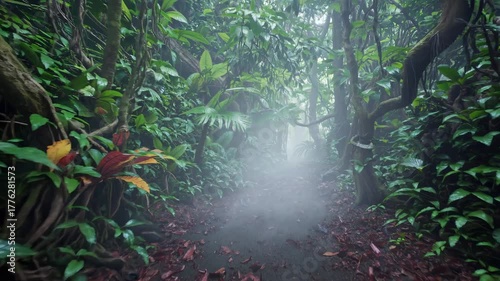 60 FPS lush tropical rainforest path with thick foliage and misty atmosphere, evoking adventure & mystery. Ideal for travel content, nature education, environmental storytelling & cinematic scenes.
