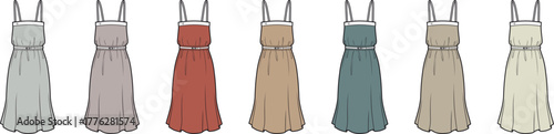 Set of women's casual summer sundresses with spaghetti straps in a varied color palette. Fashion technical flat sketch illustration for clothing design