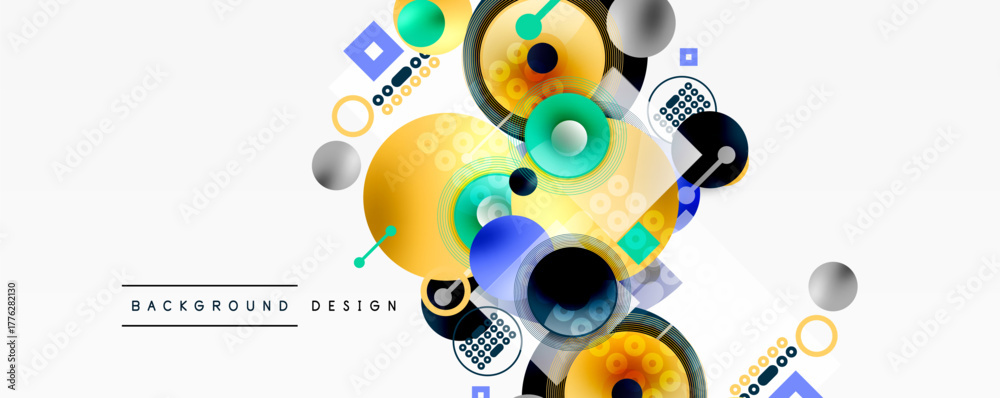 Obraz premium Abstract geometric shapes, vibrant colors, modern design elements. Circles, squares, gradients create dynamic composition. Minimalist style.