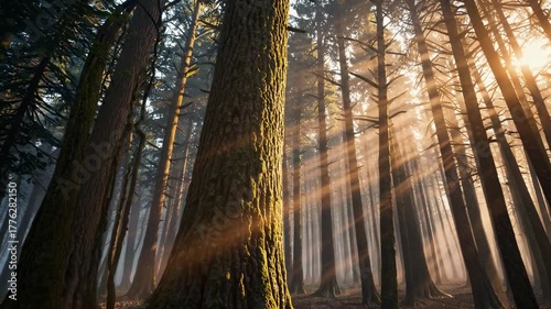 Peaceful morning sunlight streaming through a forest of tall trees with mist and golden beams. Perfect for travel films, nature documentaries, wellness campaigns, and cinematic storytelling.

