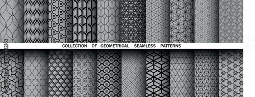 Geometric set of seamless black and gray patterns. Simple vector graphics