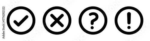 Right, wrong, checkmark, tick, cross, exclamation, question mark icon set outline vector illustration, Yes no alert attention and help sign.