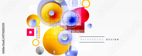 Abstract colorful shapes overlap. Circles, squares create dynamic composition. Modern design elements suggest creativity, innovation.