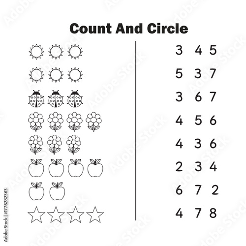 Count and Circle Activity Worksheet Set | Educational Black and White Game for Kids Learning Numbers and Object Counting