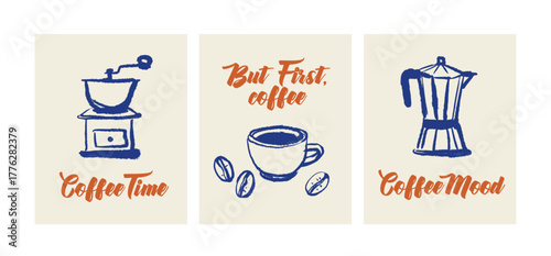 Hand drawn vintage coffee shop poster set. Cafe menu, bakery packaging design concept. Whimsical sketch vector illustration.