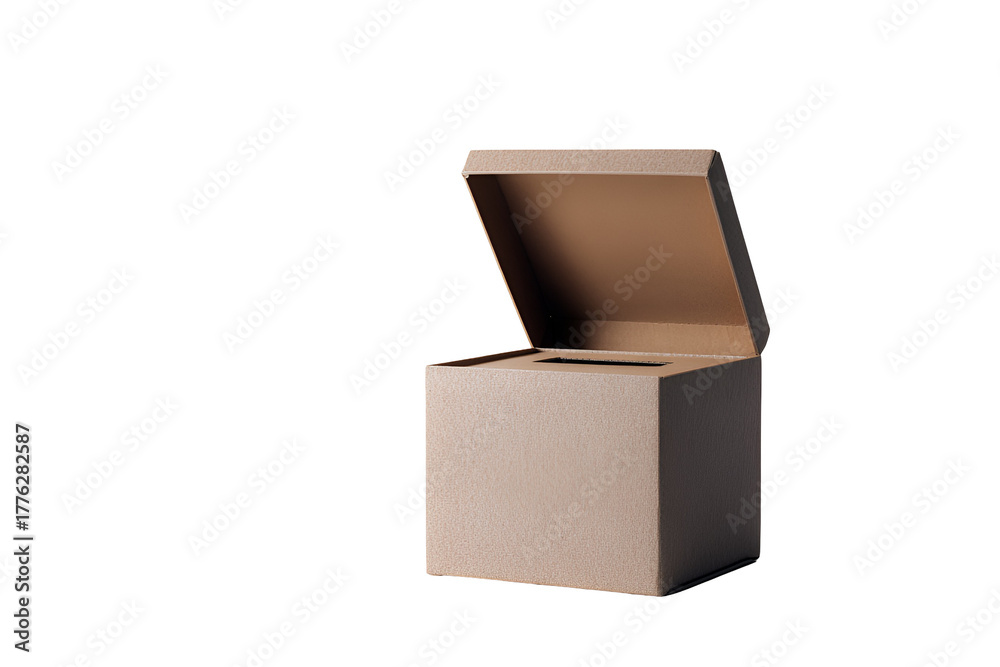 Fototapeta premium Open cardboard box with lid slightly ajar against a stark black background