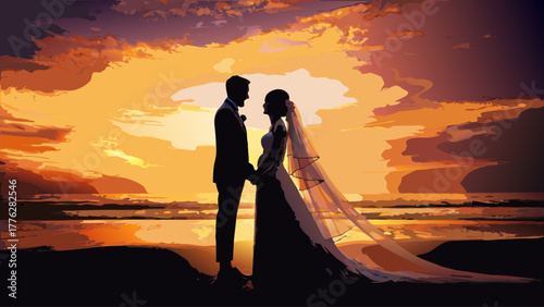 Stunning silhouette of bride and groom holding hands at sunset, romantic wedding on the beach, golden hour light casting warm glow for dreamy nuptials