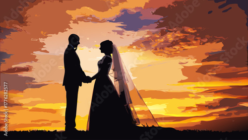Elegant wedding silhouette against warm sunset sky, romantic bride and groom holding hands, modern stylish wedding with a vector graphic aesthetic