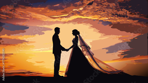 Romantic silhouette of a newlywed couple holding hands at sunset, celebrating their love and commitment with golden hour light and a vibrant sky