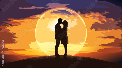 Romantic couple embraces tenderly against a stunning sunset, love and connection, silhouette against warm sky, ideal for romance travel or relationship concepts
